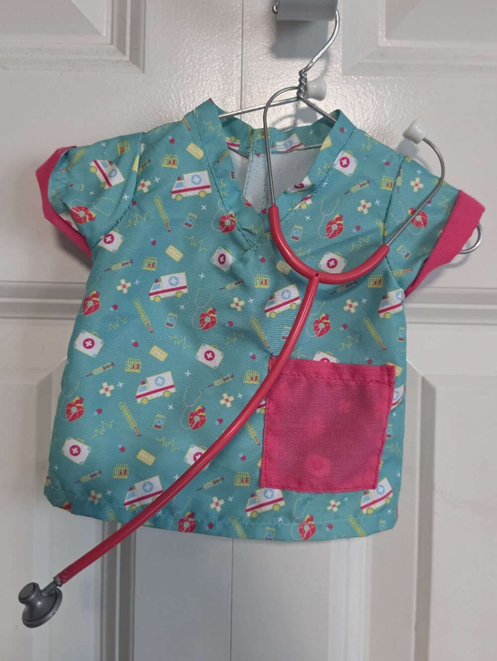 18in doll Medical Play Scrub Top - Teal with Pink Pocket and stethoscope